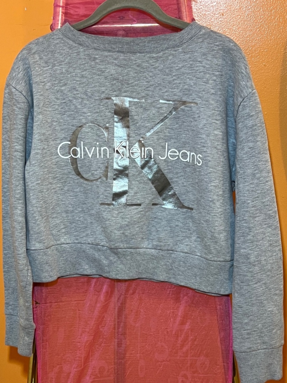 Calvin Klein Jeans Cropped Sweatshirt with Silver "CK" Logo | Grey